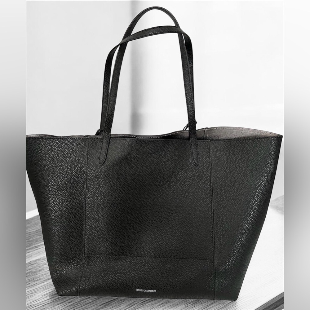 Rebecca Minkoff Women Large Tote Bag Black Open Top Pebbled Leather Logo Pockets